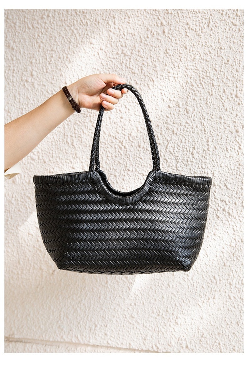 Retro pure handmade cowhide woven bag, Black leather bag,Gifts for her, birthday gift image 5