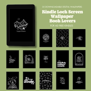 May include: A collection of 35 black and white digital wallpapers for Kindle lock screens. The wallpapers feature various book-themed illustrations and text, such as "Let's Buy Books", "Totally Not Reading Smut", and "Most Likely Reading a Romance".