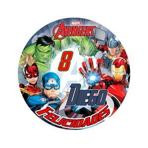 OBLEA o papel de AZÚCAR, Avengers, Foto Personalizada con Nombre, Edad y Texto, para Tartas y Magladenas de Cumpleaños. Disco 1