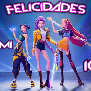 Puede incluir: Imagen animada con tres figuras femeninas estilizadas sosteniendo armas brillantes. Los textos "FELICIDADES" y "RUMI" se muestran de forma destacada. También es visible el número "10". Las figuras visten atuendos futuristas.