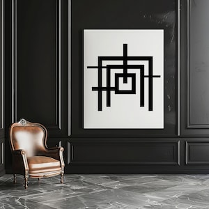 May include: An interior shot features a brown leather armchair with ornate wooden trim, set against a black paneled wall. A large white canvas displays a black geometric design. The floor is a dark marble.