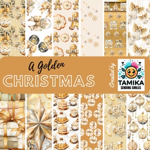 Christmas in Gold Digital Paper Collection | Gold Gingerbread, Presents, and Ornaments | Festive Holiday Digital Backgrounds