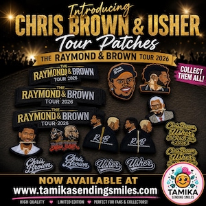 Könnte beinhalten: Eine Sammlung bestickter Aufnäher mit Chris Brown und Usher, mit dem Text The Raymond & Brown Tour 2026, Chris Brown, Usher und R&B. Die Aufnäher zeigen Künstlerporträts, Logos und Tour-Schriftzüge in den Farben Schwarz, Gold und Weiß.