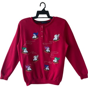 Vintage 90’s Snowman Skiing Fullprint Sweatshirt Embroidery Snowman Crewneck Red Winter Pullover Rare Snowman Sweater Medium Size (M)