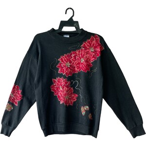 Vintage des années 90 gros logo fleurs patchs sweat-shirt vintage floral ras du cou fleur pull rouge sweat noir taille moyenne (M)