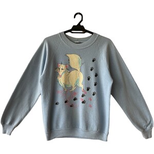 Vintage 90&#39;s Rare My Cat Walk All Over Me Pullover Crewneck Sweatshirt Big Cat Blue Color Sweatshirt Medium Size (M)