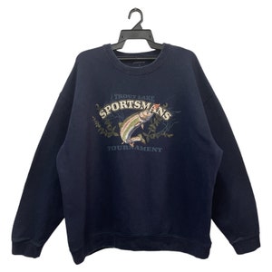 Vintage 90’s Big Size Embroidery Trout Lake Sportsmans Tournament Sweatshirt Fishing Pullover  Sweater Extra Large Size (XL)