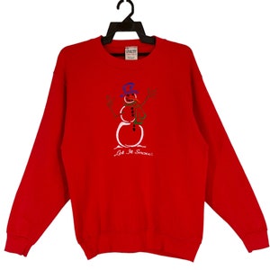 Vintage 90’s Snowman Branch Sweatshirt Winter  Crewneck Branch Snowman Pullover Rare Embroidery Graphic Snowman Red Sweater Medium Size (M)
