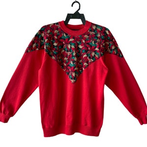 Vintage 80’s Abstract Flower Sweatshirt Red Sweater Crewneck Vintage Flowers Theme Pullover Rare Design Sweater Size Large