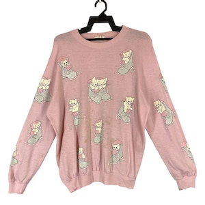 90年代のヴィンテージ、靴を履いたかわいい子猫のフルプリントスウェットシャツ、珍しい猫のクルーネック子猫プルオーバー子猫セーターアニマルスウェットシャツ
