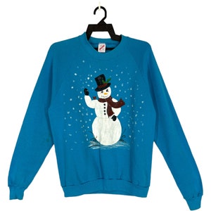 Vintage 90’s Snowman Big Print Sweatshirt Winter Crewneck Blue Snowman Big Logo Pullover Rare Print Sweater Sweatshirt Large Size (L)