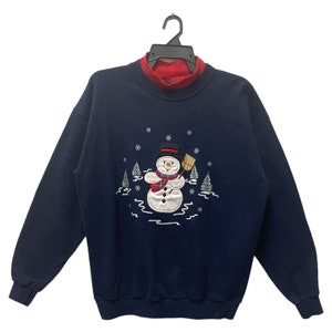 Vintage 90’s Snowman Embroidered Sweatshirt Snowman Big Logo Crewneck Turtle Neck Pullover Snowman Blue Color Sweater Large Size (L)