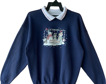 Vintage 90’s Snowman Sweatshirt Vintage Winter Collar Cute Snowman Character Pullover Sweater Blue Sweater