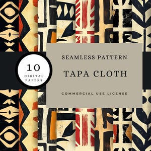 May include: Ten digital papers featuring seamless patterns inspired by tapa cloth. The patterns are in black, white, red, orange, and yellow. The patterns are geometric and abstract.