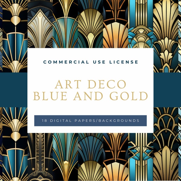 Art Deco Blue and Gold Digital Papers, Backgrounds