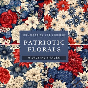 8 Patriotic Florals, Red, White, and Blue Flowers, Digital Papers, Texture Backgrounds