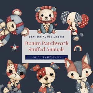 Op de afbeelding: Set van 60 digitale clipart-afbeeldingen met patchwork knuffels in de kleuren rood, wit en blauw. De dieren omvatten een leeuw, beer, olifant, kat, hond en vos. De tekst "Commerciële gebruikslicentie", "Denim Patchwork Knuffels" en "60 Clipart PNGs" wordt weergegeven op een wit rechthoek.