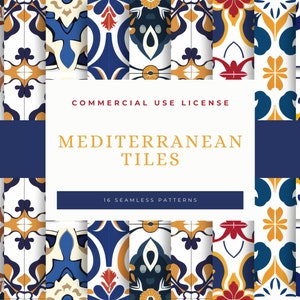 May include: A set of 16 seamless patterns featuring colourful Mediterranean tile designs. The tiles are in shades of blue, yellow, red, and white, with intricate geometric patterns. The text "COMMERCIAL USE LICENSE" and "MEDITERRANEAN TILES" is displayed on a white background. The text "16 SEAMLESS PATTERNS" is also displayed.