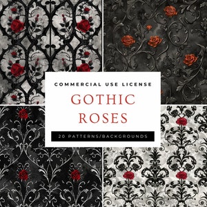Puede incluir: Un conjunto de 20 patrones digitales con rosas góticas en negro, blanco y rojo. Los patrones son perfectos para crear invitaciones, tarjetas y otros proyectos.
