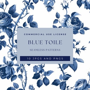May include: A seamless pattern featuring blue and white toile roses on a white background. The pattern is perfect for creating fabric, wallpaper, or other decorative items. The text on the image reads "Commercial Use License, Blue Toile, Seamless Patterns, 10 JPGs and PNGs".