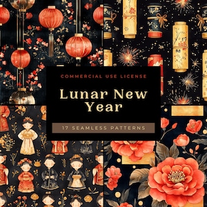 17 Lunar New Year Seamless Patterns, Backgrounds, Digital Paper Pack, 12 x12 inch