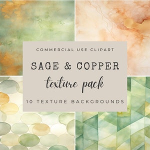 Pode incluir: Um conjunto de 10 fundos de textura digital de aquarela em tons verde-sálvia e cobre. As texturas apresentam padrões abstratos, círculos e formas geométricas.  COMMERCIAL USE CLIPART SAGE & COPPER texture pack 10 TEXTURE BACKGROUNDS