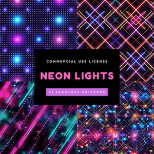 May include: A set of 21 seamless neon light patterns. The patterns feature various geometric shapes and designs in bright colors like pink, blue, and yellow. The patterns are perfect for creating backgrounds, textures, and other design elements.