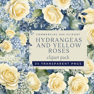 34 Blue Hydrangeas and Yellow Roses Clipart