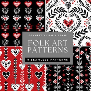 May include: Nine seamless folk art patterns featuring hearts, flowers, and leaves in black, white, and red. The patterns are perfect for crafting, scrapbooking, and digital design.