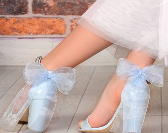 Blue Heels for Bride, Wedding Shoes with Tulle, Bridesmaid Shoes, Boho Lace Shoes, Wedding Heels With Ribbons, Bridal Leather Shoes