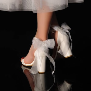 White Tulle Wedding Block Heels: Ribbon Tie Bridal Shoes