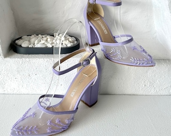 Handmade Lilac Tulle Wedding Shoes: Block Heel Bridal Shoes