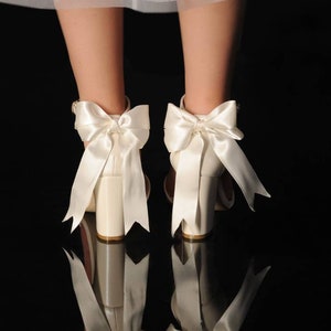 Ivory Wedding Block Heels: Satin Ribbon Bridal Shoes