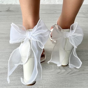 White Leather Block Heel Sandals with ORGANZA BACK BOW - Women Wedding Shoes, Bridesmaids Shoes, Bridal Shoes, Holiday Shoes1