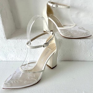 White  Block Heel Bride Shoes, Tulle Wedding Shoes, white Bridal Shoes, Handmade Wedding Shoes, Wedding Heels, Tulle Bridesmaid Shoes