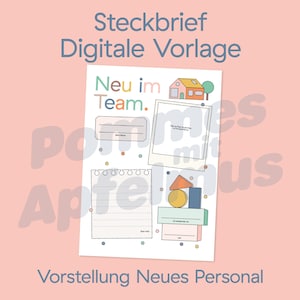 Könnte beinhalten: Eine digitale Vorlage mit dem Text "Steckbrief Digitale Vorlage" und "Vorstellung Neues Personal". Das Design umfasst eine Hausillustration, geometrische Formen und die Worte "Neu im Team."