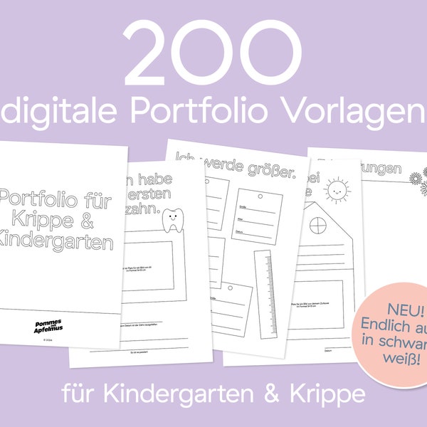 200 Digitale Portfolio Vorlagen · Krippe & Kindergarten (Kita) · SCHWARZ-WEISS · DinA4 ·