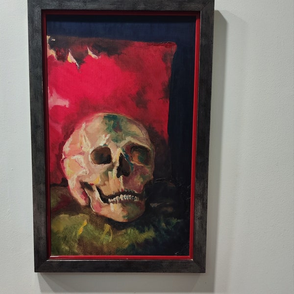 Tableau Crâne Nature Morte Huile sur Panneau Oeuvre Originale Encadré Peinture Huile Squelette