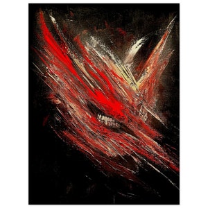 May include: Abstract painting with red, white, and black brushstrokes. The painting has a textured surface and a dark background.