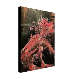 May include: A painting of a pink, humanoid figure with a grotesque face and a menacing expression. The figure is crouched down, with its arms outstretched. The background is black.