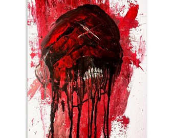 May include: Abstract painting of a red and black skull with dripping paint. The skull is set against a white background with red and black splatters.