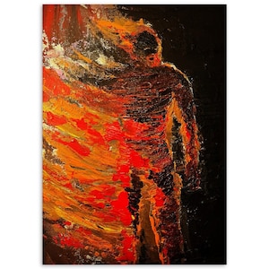 May include: Abstract painting of a person standing in front of a fiery background. The person is outlined in black and the background is a mix of red, orange, and yellow.