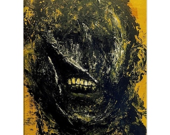 Puede incluir: Pintura abstracta de una cara con una amplia sonrisa de dientes. La cara está pintada en tonos de negro y blanco, con un fondo amarillo.