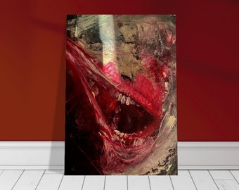 May include: Abstract painting with a red, white, and black color scheme. The painting features a large, open mouth with teeth, suggesting a scream or a gaping maw.