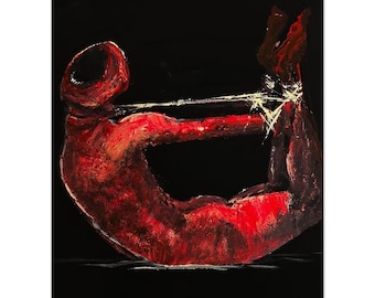 May include: Abstract painting of a figure in a red and black color scheme. The figure is contorted and appears to be bound with white string.