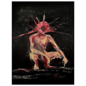 May include: A painting of a figure with a red and yellow body, sitting on a black background. The figure's head is a burst of red and yellow paint.