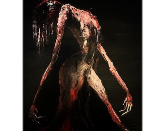 Puede incluir: Una pintura de una figura con extremidades largas y delgadas y una pose retorcida. La figura está pintada en tonos de rojo, blanco y negro sobre un fondo oscuro.