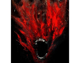 May include: Abstract painting of a fiery red and black mouth with sharp teeth. The mouth is open wide, as if screaming or roaring. The background is a dark black, with streaks of red paint.