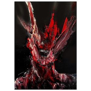 May include: Abstract painting of a face with red and white paint strokes on a black background. The face is contorted and appears to be screaming.