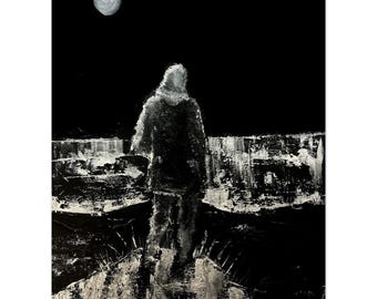 May include: A black and white painting of a person standing in front of a white, textured background. The person is wearing a hooded garment and is facing away from the viewer. A white circle is visible in the upper left corner of the painting.